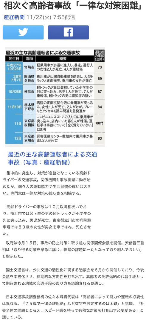 相次ぐ高齢者事故「一律な対策困難」産経新聞ヤフーニュース